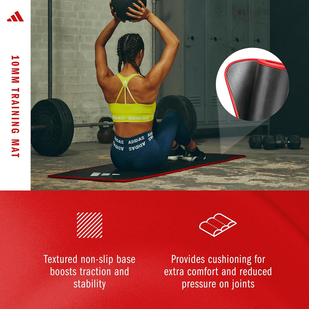 adidas 10mm Extra Thick Training Mat with Carrying Strap and Non-Slip Textured Base - Cushioned Workout Mat for Home Gym, Floor Workouts, and Intense Exercises - Portable and Durable