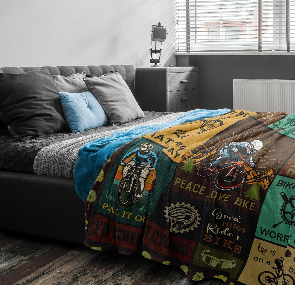 Bicycle Enthusiast Gift, Mountain Biking Blanket Throw 60"x50" for Men/Riders/Cyclists, Bike Themed Decorations
