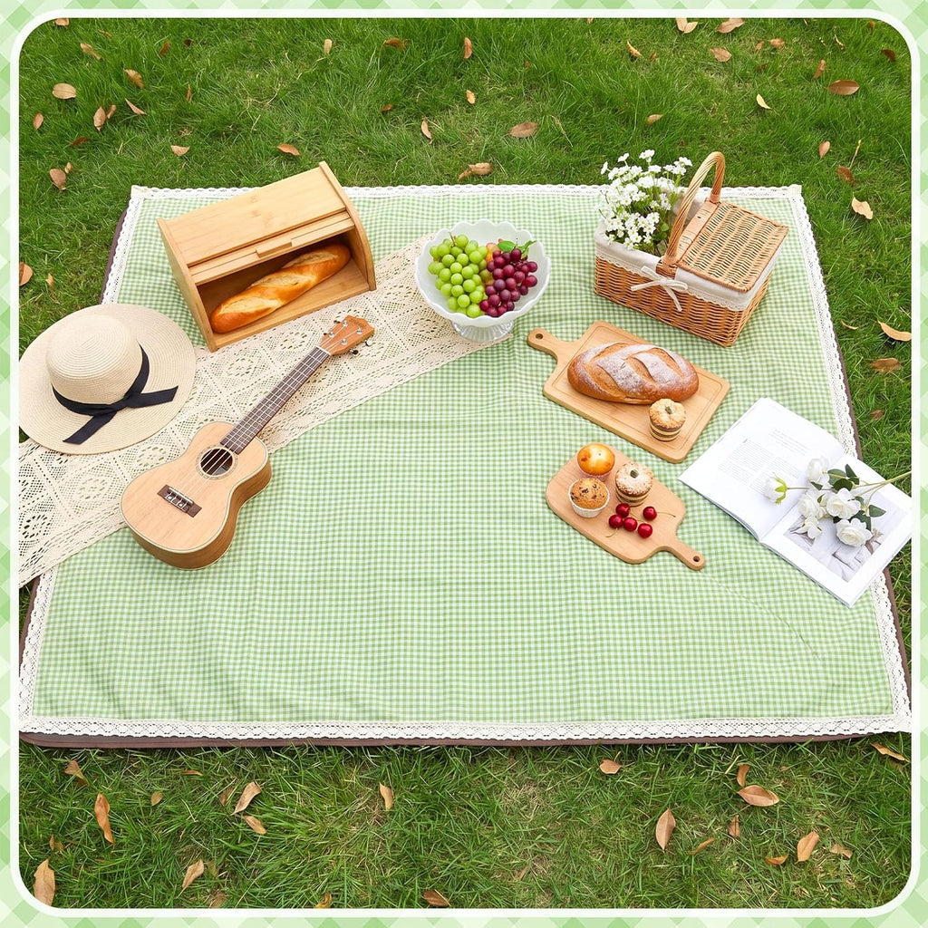 VitalCozy Gingham Picnic Blankets 59x78 in Outdoor Waterproof, Green White