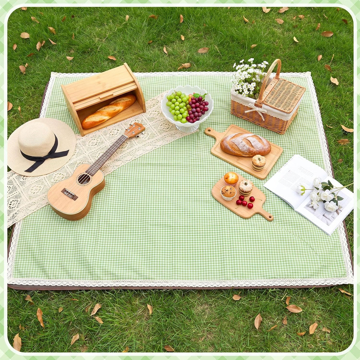 VitalCozy Gingham Picnic Blankets 59x78 in Outdoor Waterproof, Green White