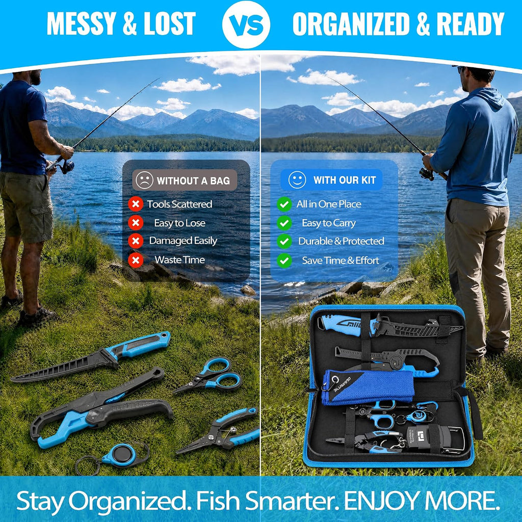 PLUSINNO 9PCS Fishing Gear, Fishing Tools with Tools Bag, Fishing Accessories, Corrosion Resistant Fishing Pliers Kit, Fishing Knife, Fish Lip Gripper, Fishing Scale, Towel, Fishing Gifts for Men