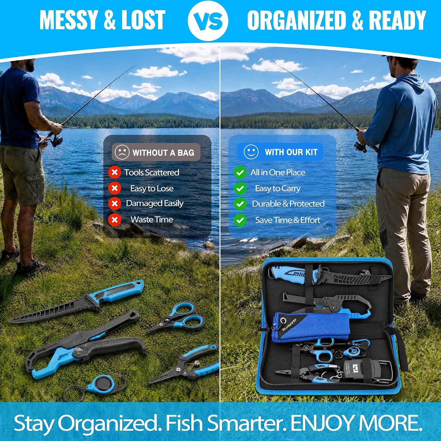 PLUSINNO 9PCS Fishing Gear, Fishing Tools with Tools Bag, Fishing Accessories, Corrosion Resistant Fishing Pliers Kit, Fishing Knife, Fish Lip Gripper, Fishing Scale, Towel, Fishing Gifts for Men