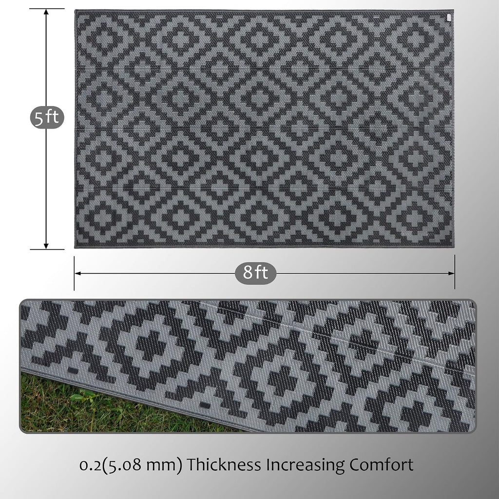 SAND MINE Waterproof Outdoor Rug 5x8 ft, Plastic Reversible Rug, Modern Area Rug, Large Floor Mat for Outdoors, RV, Patio, Backyard, Deck, Picnic, Beach, Camping, Black Grey Lattice