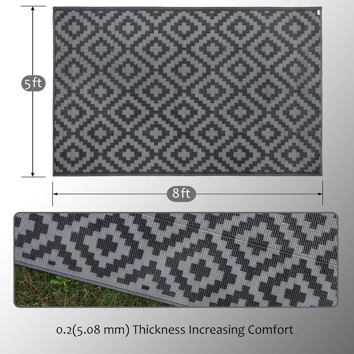SAND MINE Waterproof Outdoor Rug 5x8 ft, Plastic Reversible Rug, Modern Area Rug, Large Floor Mat for Outdoors, RV, Patio, Backyard, Deck, Picnic, Beach, Camping, Black Grey Lattice