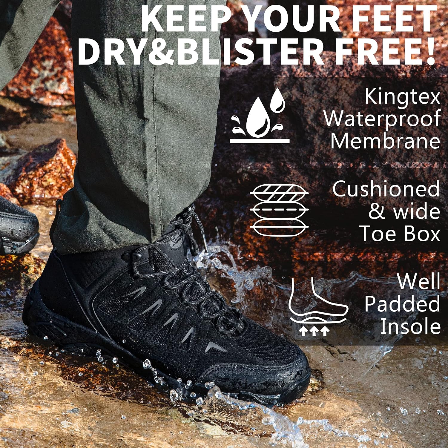 SHULOOK Men's Waterproof Hiking Boots Non-Slip Lightweight Mid Top Ankle Boot Breathable Hiker Trekking Shoes