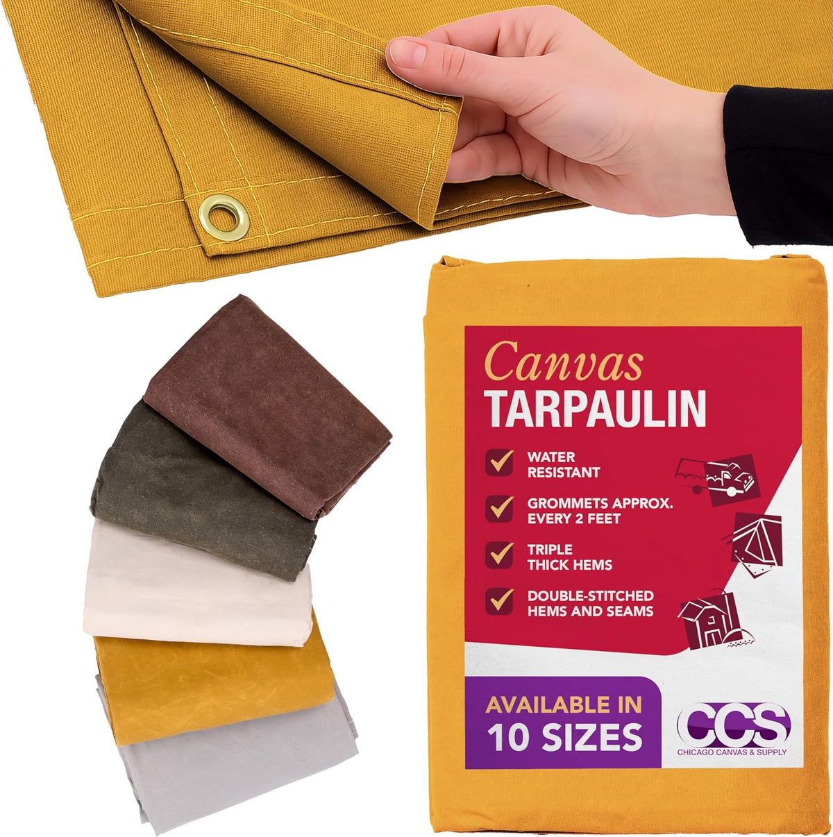 CCS Waterproof Canvas Tarp Cover – Heavy Duty Duck Cloth, Waxed Canvas Tarpaulin with Rustproof Brass Grommets for Camping, Construction, Equipment & Outdoor Use (White, 8x10 Ft)