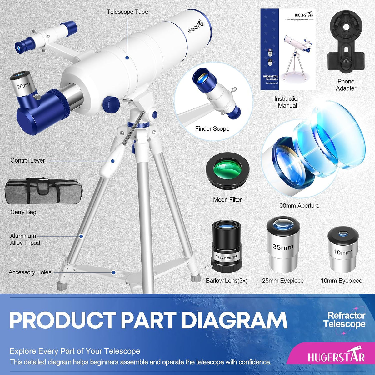 Telescope for Adults High Powered, 90mm Aperture 550mm Portable Refractor Telescope for Kids & Astronomy Beginners, Professional Telescopes with Tripod, Phone Adapter, Moon Filter, Carry Bag