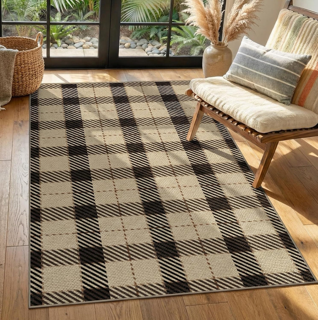 JTJ Outdoor Rug 3x5 for Front Porch, Washable Easy Jute Indoor Outdoor Rug, Non Slip Entryway Area Rug for Patio, Kitchen, Balcony, Farmhouse Black & Tan Plaid Rug