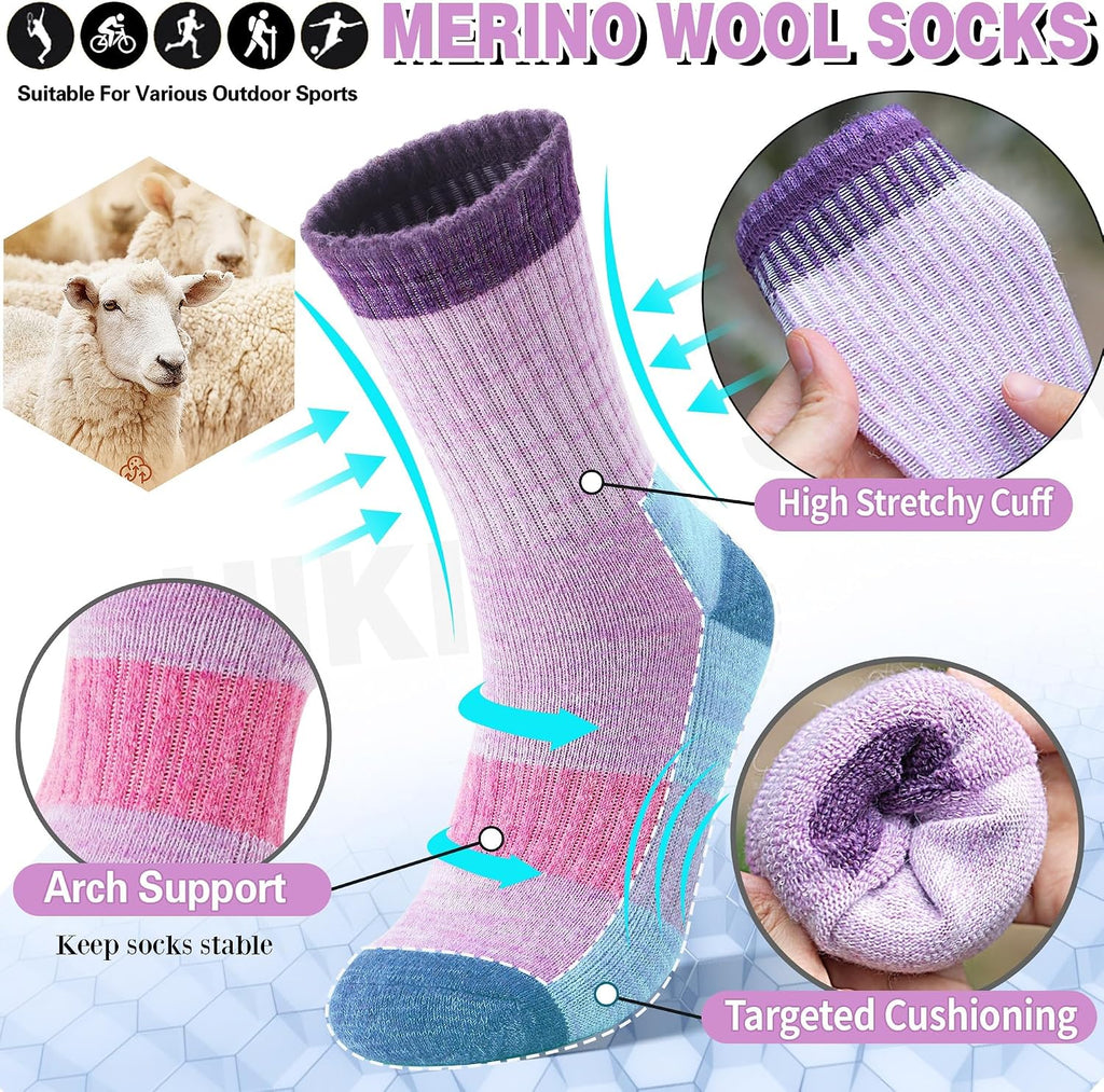 Merino Wool Hiking Socks Thermal Warm Winter Cozy Cushioned Moisture Wicking Crew Socks for Women 5 Pairs
