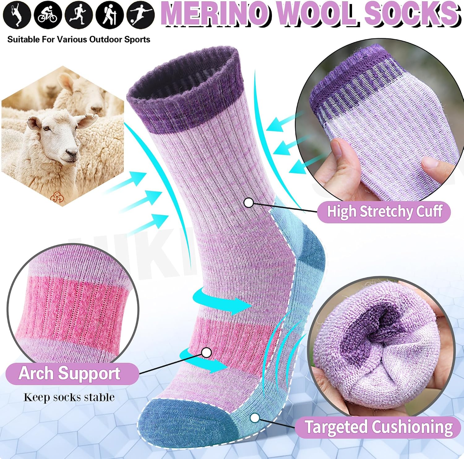 Merino Wool Hiking Socks Thermal Warm Winter Cozy Cushioned Moisture Wicking Crew Socks for Women 5 Pairs