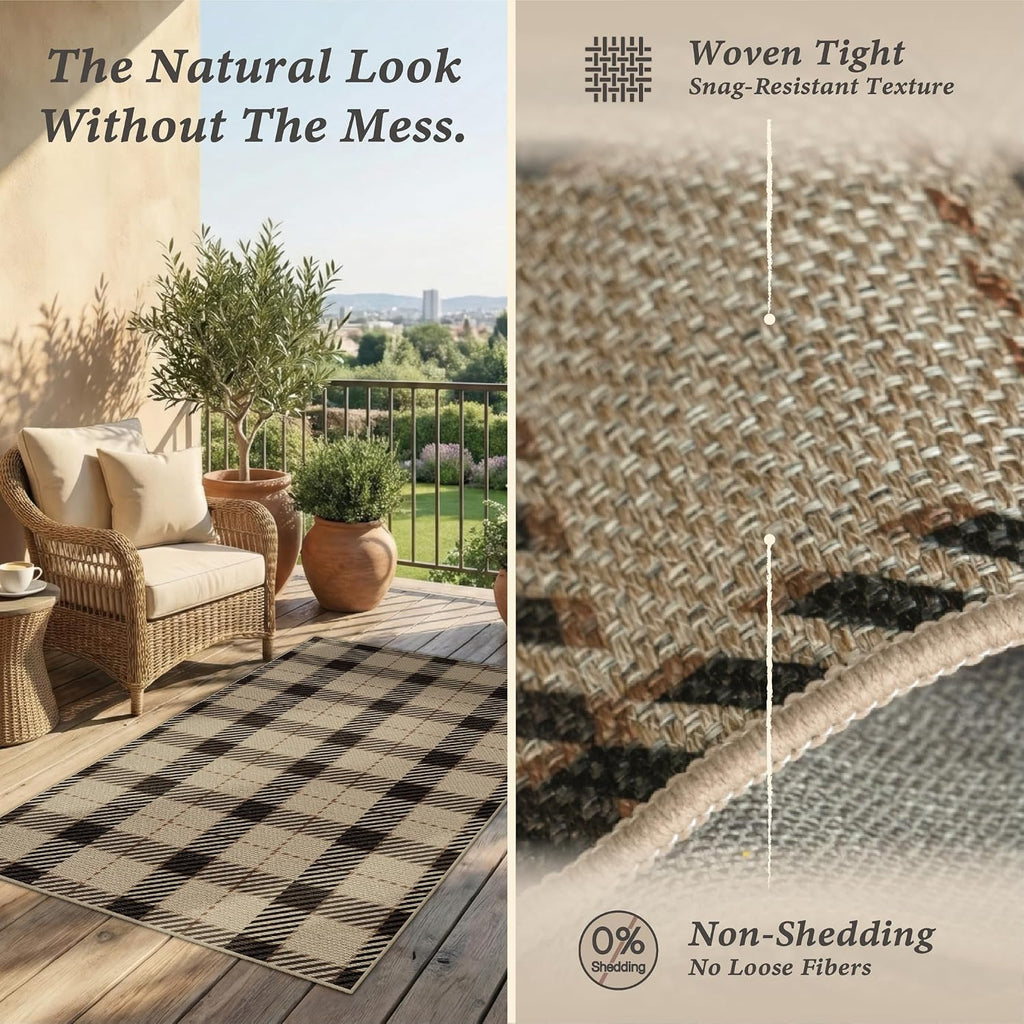 JTJ Outdoor Rug 3x5 for Front Porch, Washable Easy Jute Indoor Outdoor Rug, Non Slip Entryway Area Rug for Patio, Kitchen, Balcony, Farmhouse Black & Tan Plaid Rug