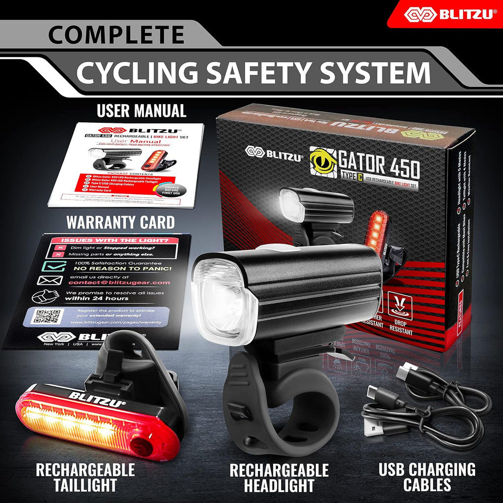 BLITZU USB-C Rechargeable Bike Lights Set, LED Bicycle Front & Rear Light