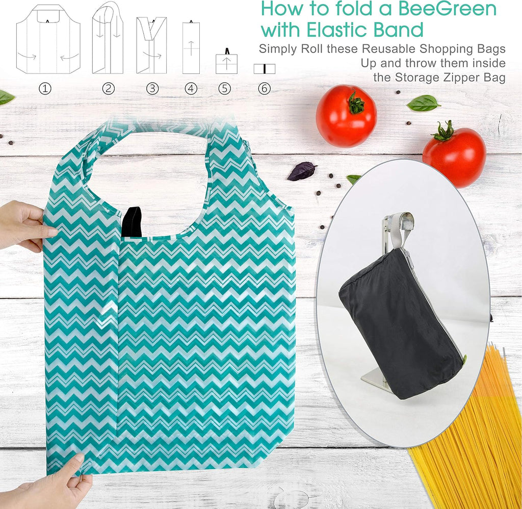 BeeGreen Reusable Grocery Bags Lightweight Durable Shopping Bags Washable Foldable 12 Pack Xlarge Classic Geometric Design Gift Tote Grocery Bags with Elastic Band and Separated Zipper Storage Pouch