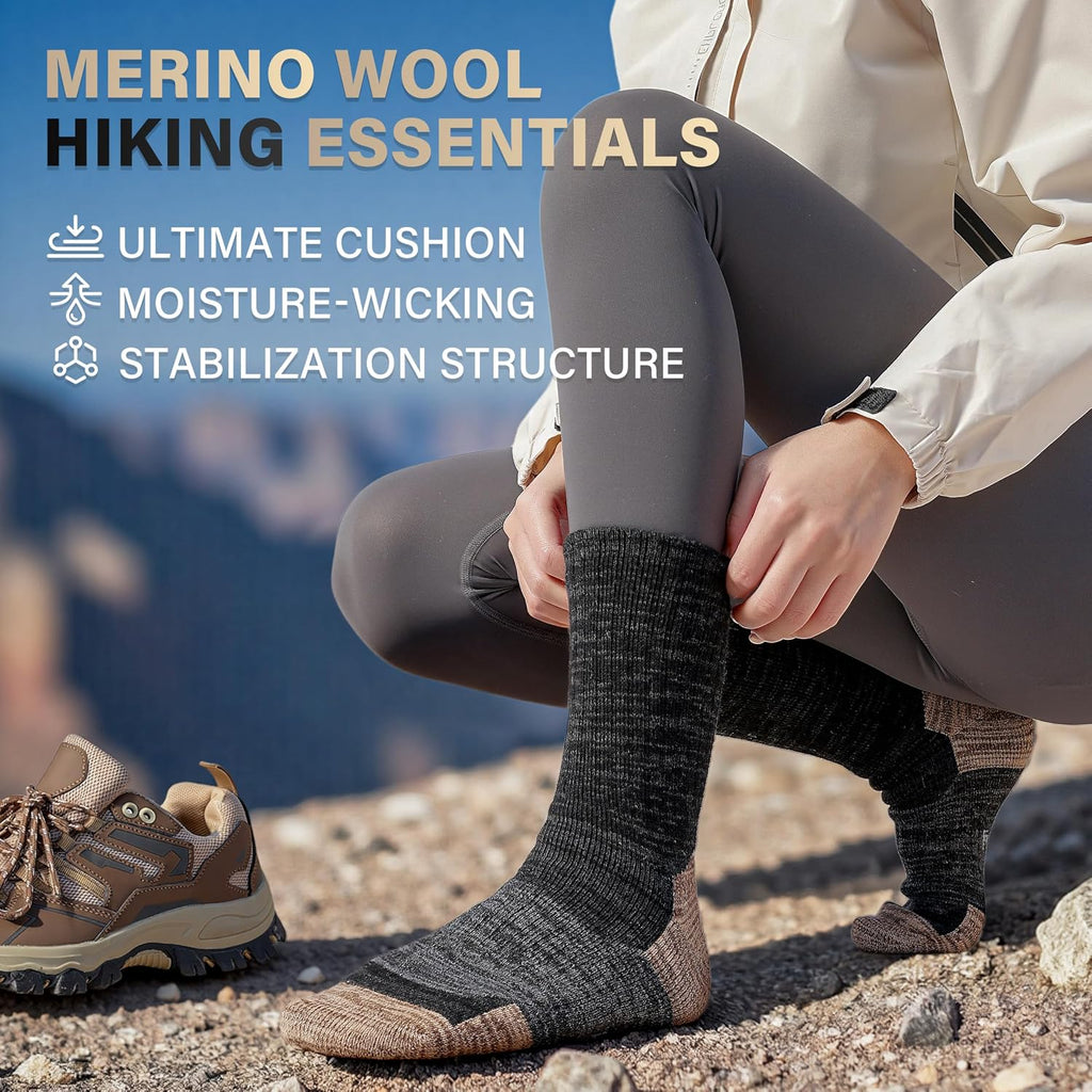 ANTSANG Merino Wool Hiking Socks, Full Cushion, Crew Socks for Men Women