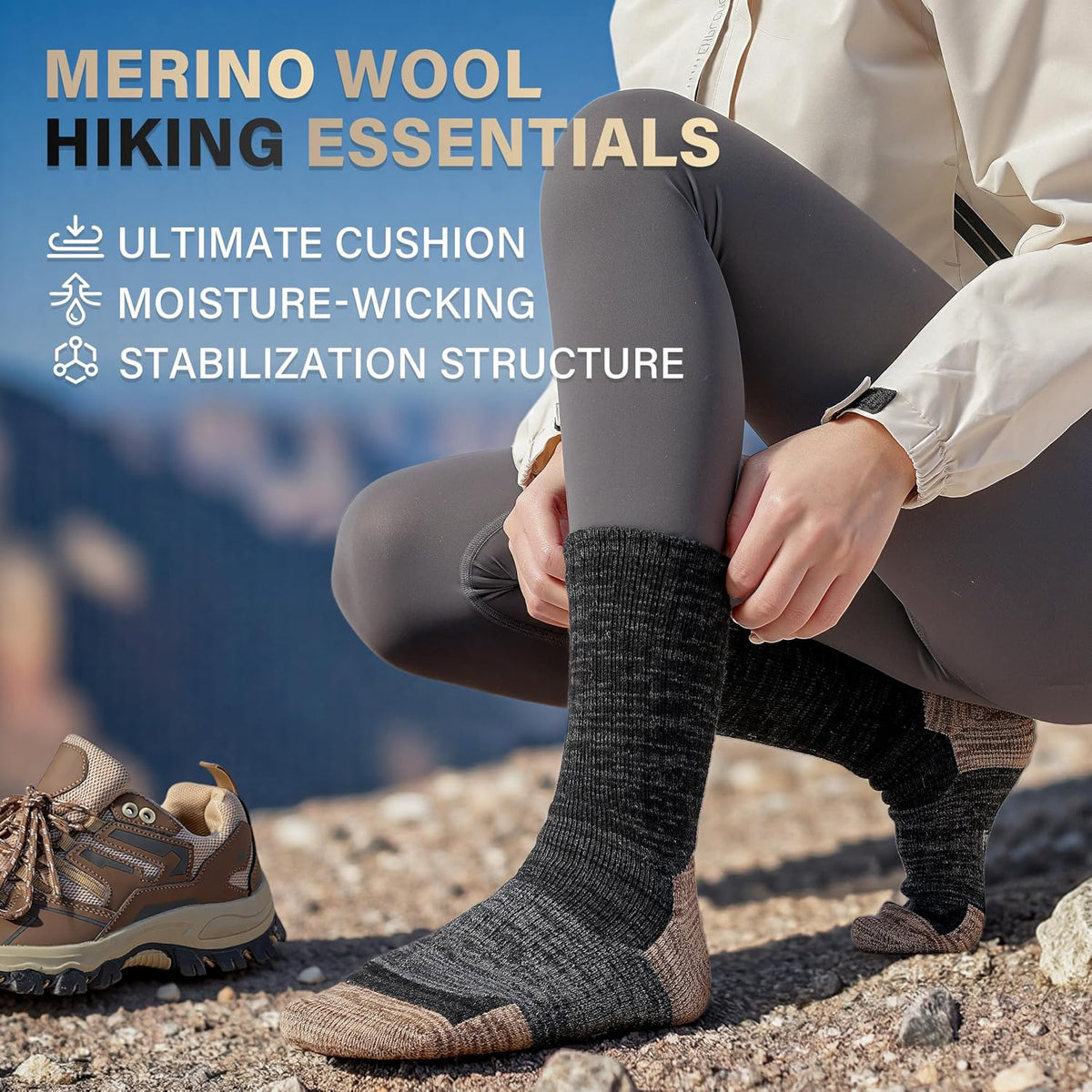 ANTSANG Merino Wool Hiking Socks, Full Cushion, Crew Socks for Men Women