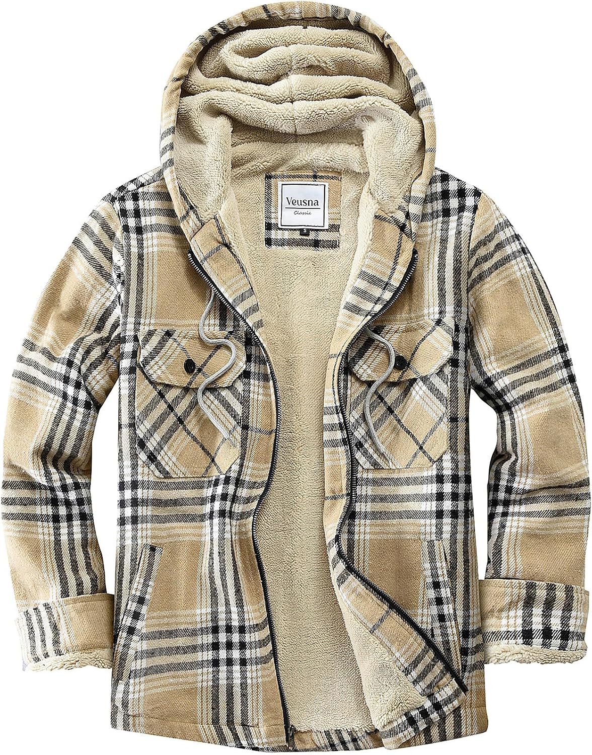 Men's Zip Up Flannel Shirt Jacket Fleece Lined with Hood