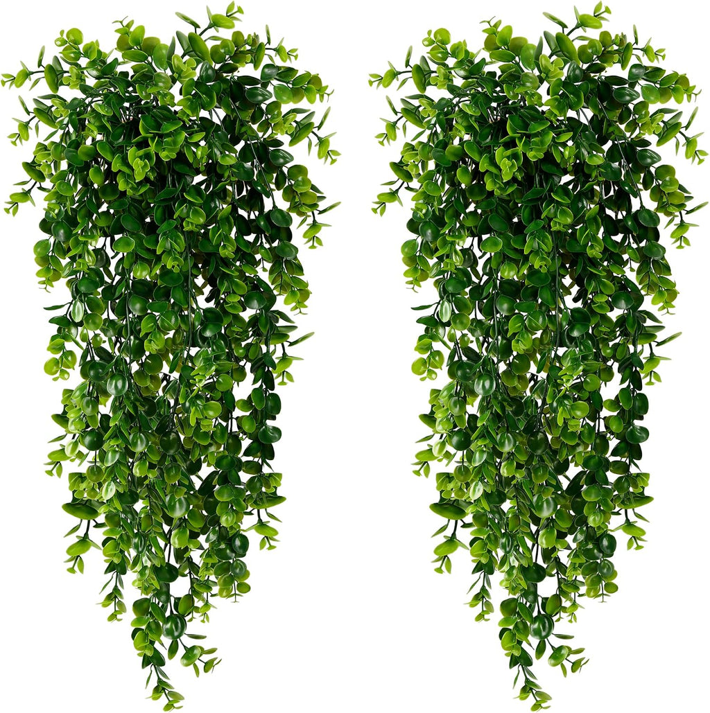 Sggvecsy 4 Pack Artificial Hanging Plants Fake Hanging Plant Faux Hanging Eucalyptus Plants UV Resistant Plastic Plants for Indoor Outdoor Room Wall Wedding Patio Porch Decor