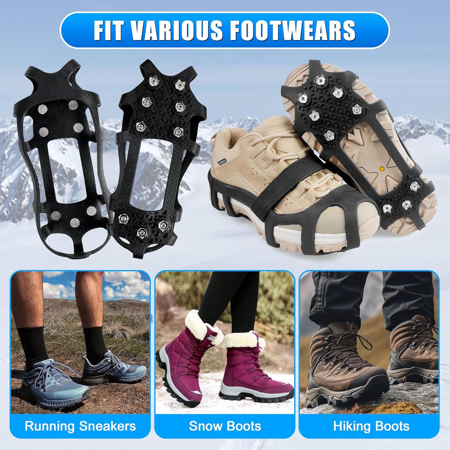 Crampons Ice Cleats for Shoes and Boots Snow Traction Cleats for Walking on Snow and Ice 9 Point Cleats Non-Slip Grippers Overshoe Silicone Stretch Footwear for Winter Hiking Climbing Ice Fishing