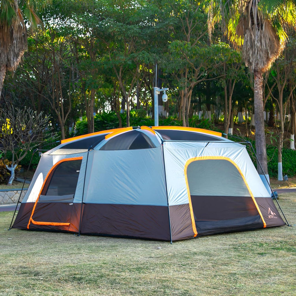 KTT Extra Large Tent 8-10-12-14 Person(A),Family Cabin Tents,2 Rooms,3 Doors and 3 Windows with Mesh,Straight Wall,Waterproof,Double Layer,Big Tent for Outdoor,Picnic,Camping,Family Gathering