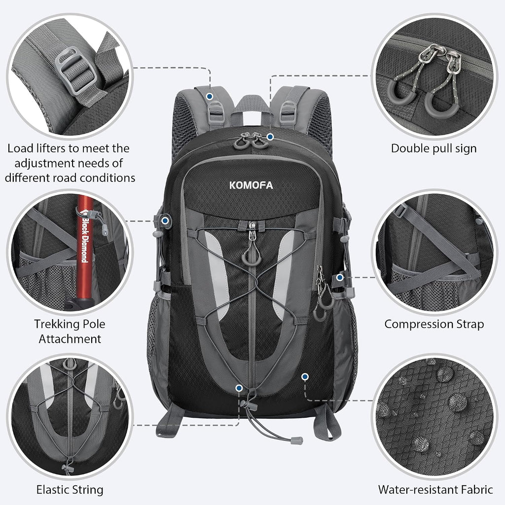 Hiking Backpack 30L Lightweight Travel Daypack Small Day Pack for Men Women Outdoor Camping Backpacking, Black