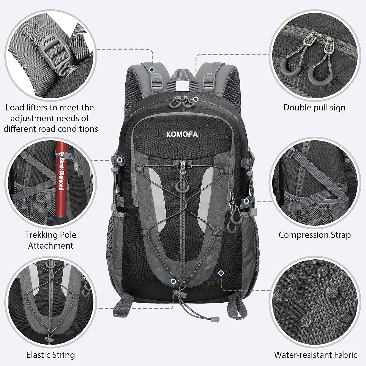 Hiking Backpack 30L Lightweight Travel Daypack Small Day Pack for Men Women Outdoor Camping Backpacking, Black