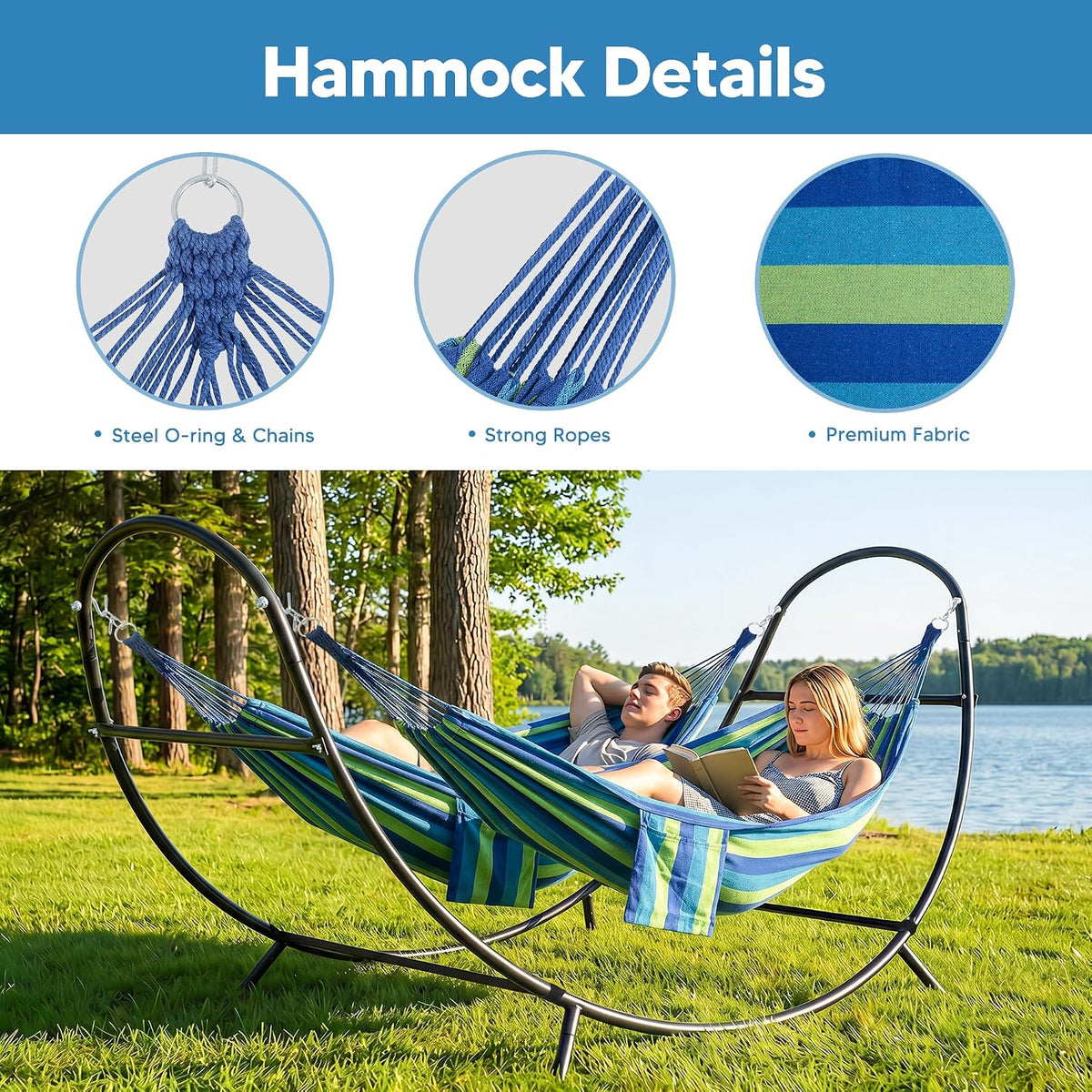 SUNCREAT Portable Outdoor Hammock with Stand, Double Hammocks with Stand for Outside, Patent Pending, Blue & Green