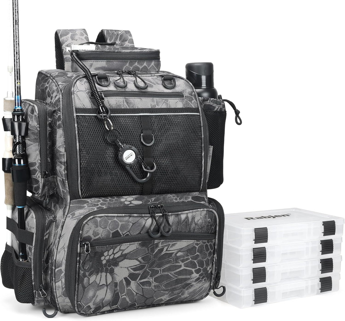 Rabjen Fishing Tackle Backpack with Rod Holders, Bottle Holder, Storage Bag Store Fishing Gear