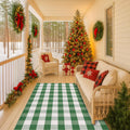Christmas Green & White Plaid Rug - 4' x 6' Outdoor Front Door Decor Mat Cotton Washable Hand-Woven Rug Christmas New Year Holiday Porch Entryway Layered Doormat