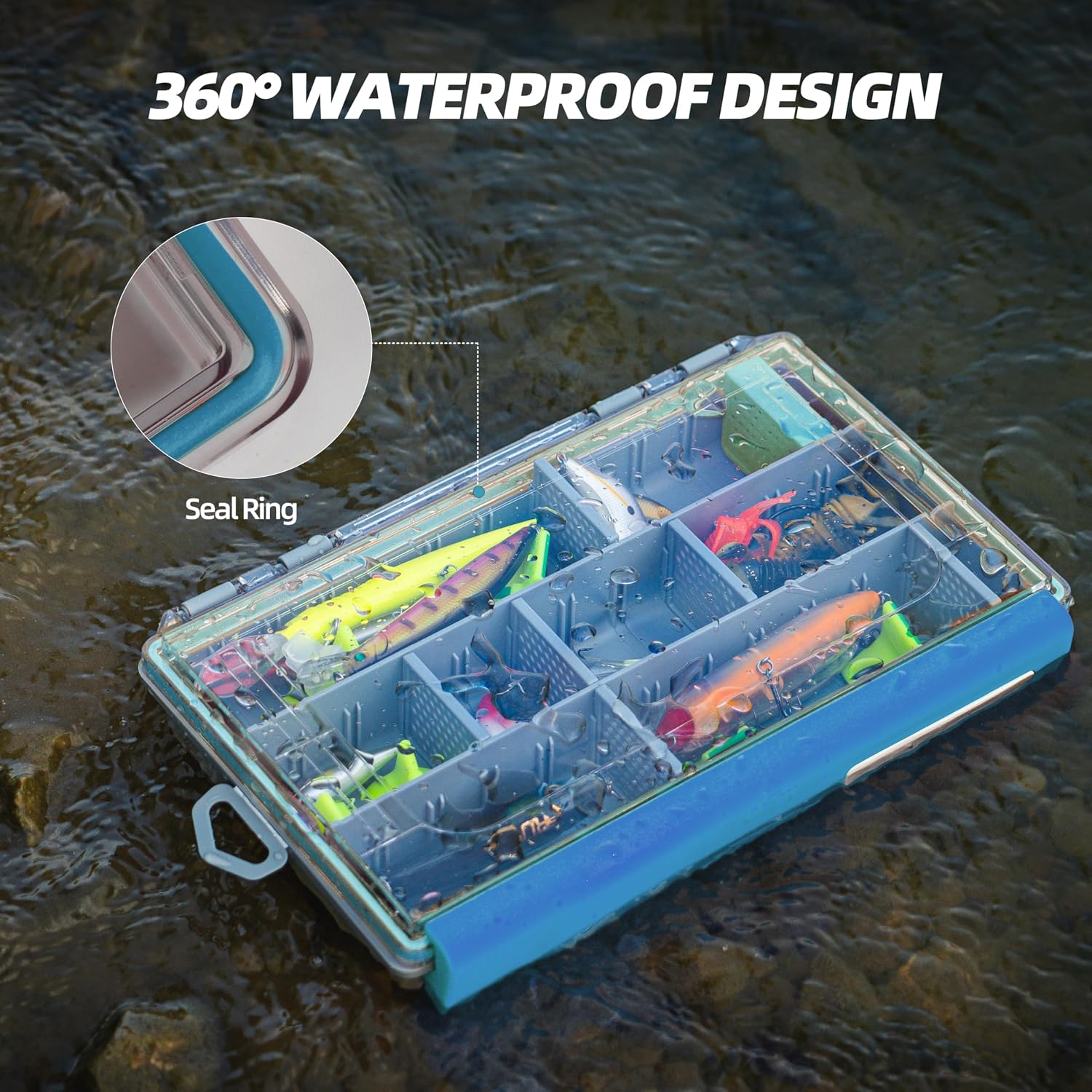 RUNCL Fishing Tackle Box - 360° Waterproof Tackle Trays, 3700 Fishing Tackle Box Organizer with Adjustable Dividers for Jigs Lures, Blue, 1 Pack
