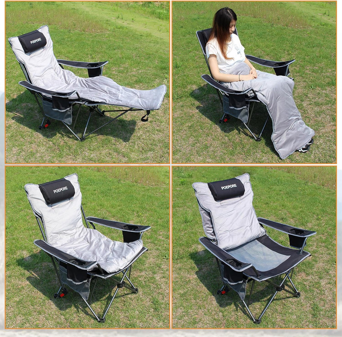 Reclining Camping Chair with Removable Footrest Lounge Chair with Headrest, Cotton Cushion, Portable Adjustable Folding Chairs
