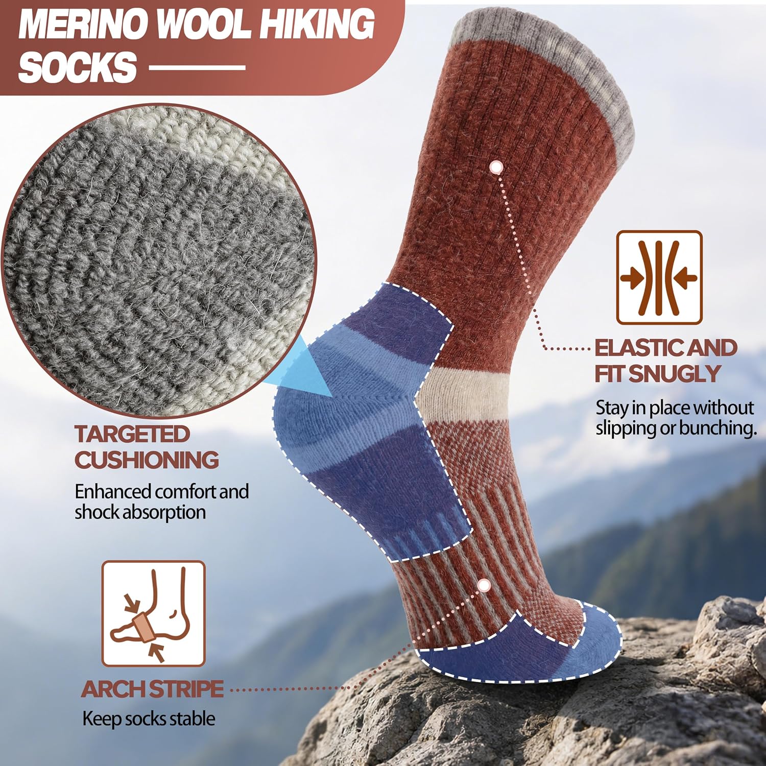 MOGGEI 5 Pairs Merino Wool Hiking Socks Warm Thermal Winter Cozy Cushioned Moisture Wicking Socks for Women & Men