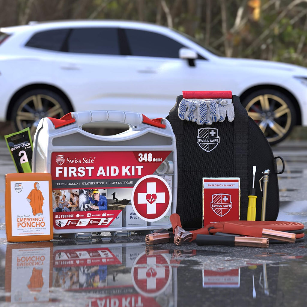 Swiss Safe 2-in-1 378-Pcs Car First Aid Kit, Jumper Cables, Essentials