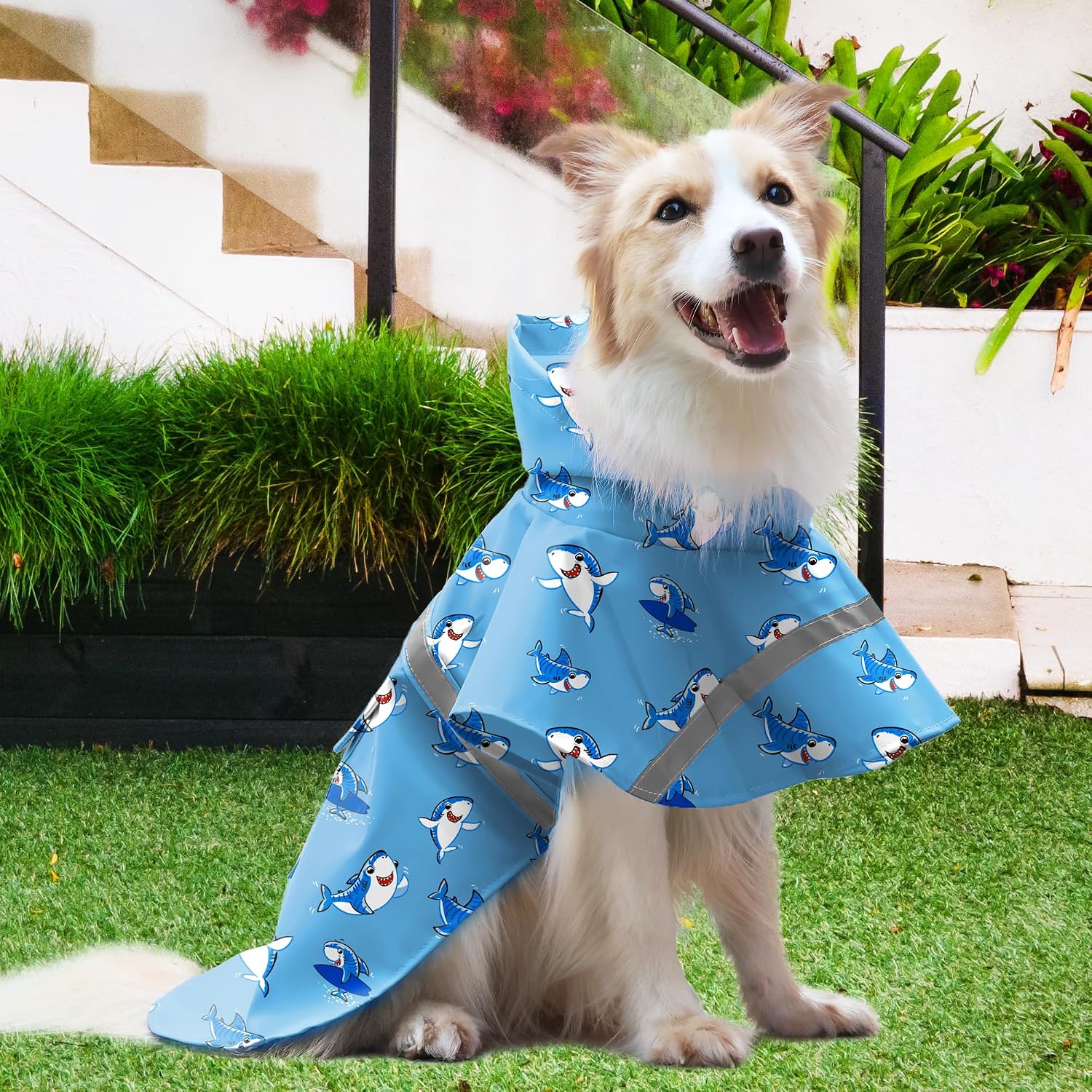NACOCO Large Dog Raincoat Adjustable - Pet Shark Water Proof Clothes Lightweight Rain Jacket Poncho Hoodies with Strip Reflective Blue (L, Blue Shark)