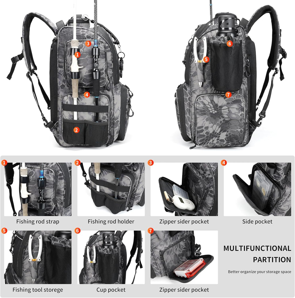 Rabjen Fishing Tackle Backpack with Rod Holders, Bottle Holder, Storage Bag Store Fishing Gear