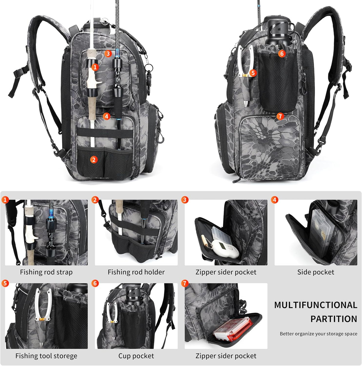 Rabjen Fishing Tackle Backpack with Rod Holders, Bottle Holder, Storage Bag Store Fishing Gear