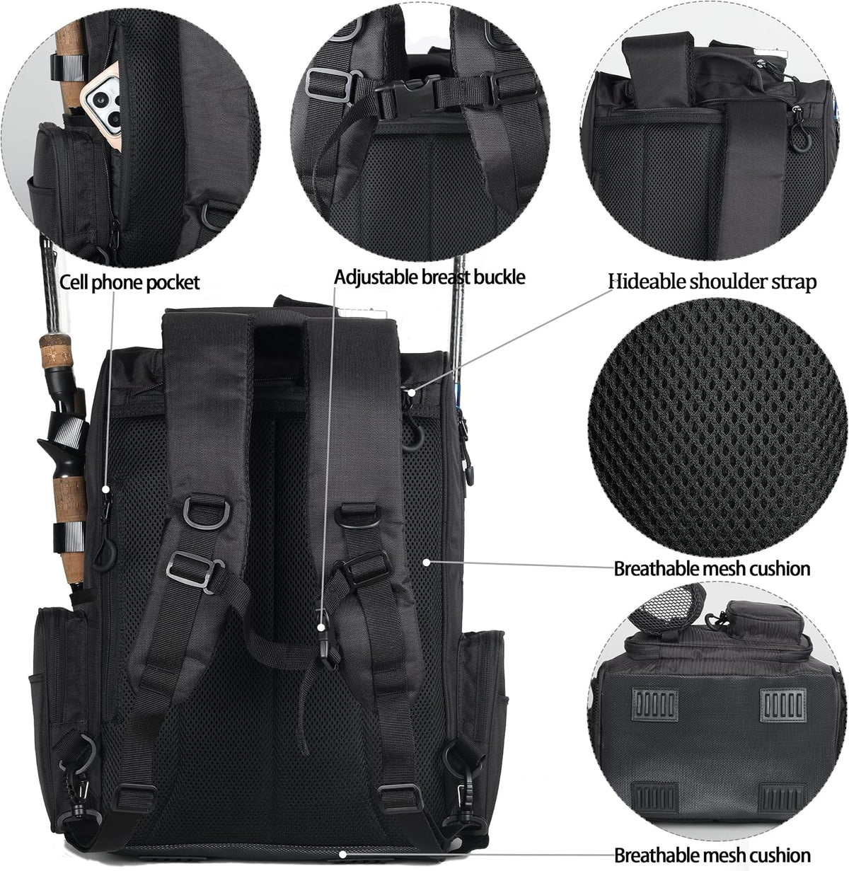 Fishing Tackle Backpack With Rod Holders, Large 40L Fishing Backpack for Camping, Hiking