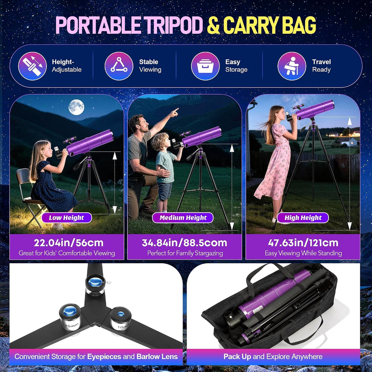 Telescope for Adults & Kids, 90mm Aperture 600mm Refractor Telescope for Astronomy Beginners, Portable Travel Telescopes with Tripod, Phone Adapter, Moon Filter, Carry Bag & Moon Phase Guide