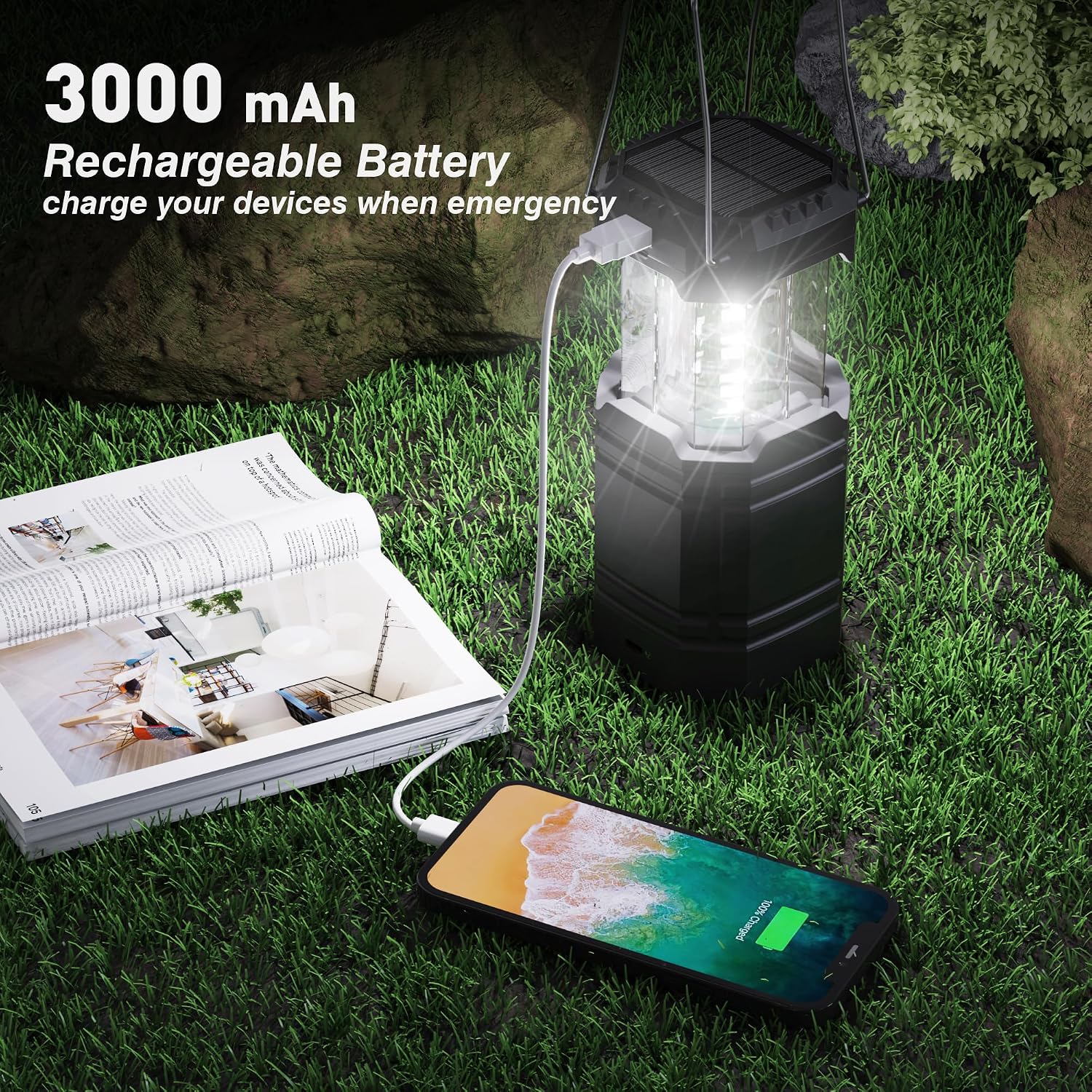 3000mAh Large Capacity Hand Crank Solar Camping Lantern for Emergency