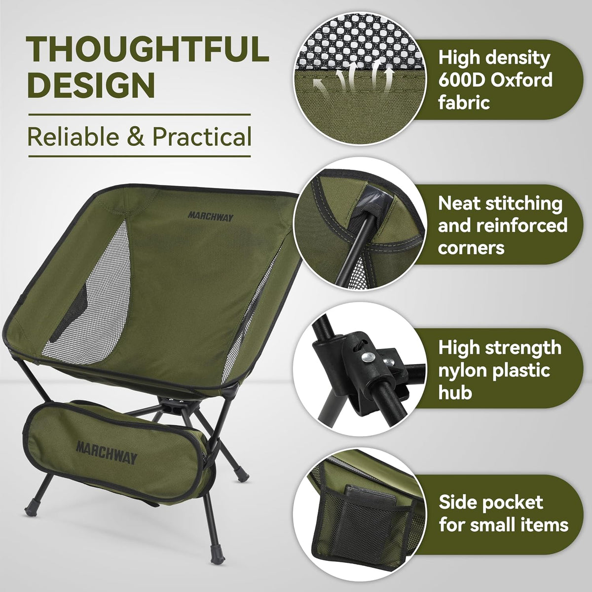 MARCHWAY Lightweight Folding Camping Chair, Portable Foldable Compact for Outdoor Camp, Travel, Beach, Picnic, Festival, Hiking, Backpacking, Supports 330Lbs (Green)