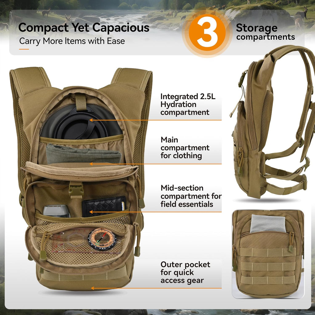 MARCHWAY Tactical Molle Hydration Pack with 2.5L TPU Water Bladder, Low-Profile Organized Military Backpack for Hiking, Cycling, Backpacking, Hunting, Running