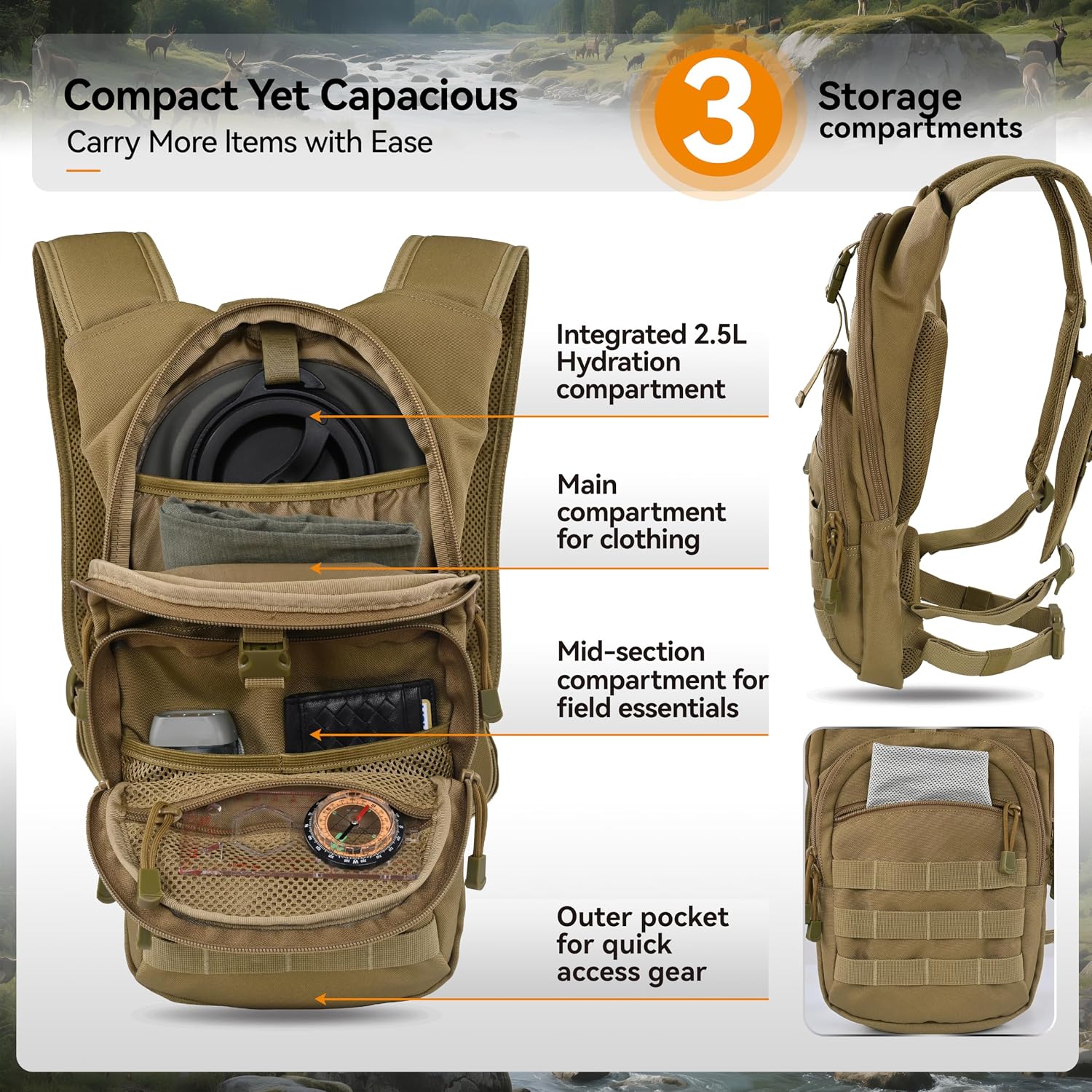 MARCHWAY Tactical Molle Hydration Pack with 2.5L TPU Water Bladder, Low-Profile Organized Military Backpack for Hiking, Cycling, Backpacking, Hunting, Running