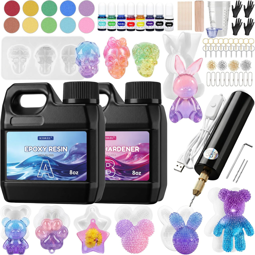 KISREL Epoxy Resin Kit 16OZ with 3D Molds, Electric Drill, Color Dyes Tools