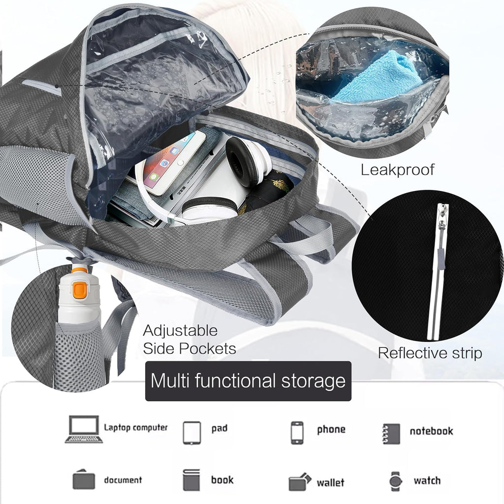 Waterproof Foldable Hiking Backpack, Lightweight Beach Bag Grey