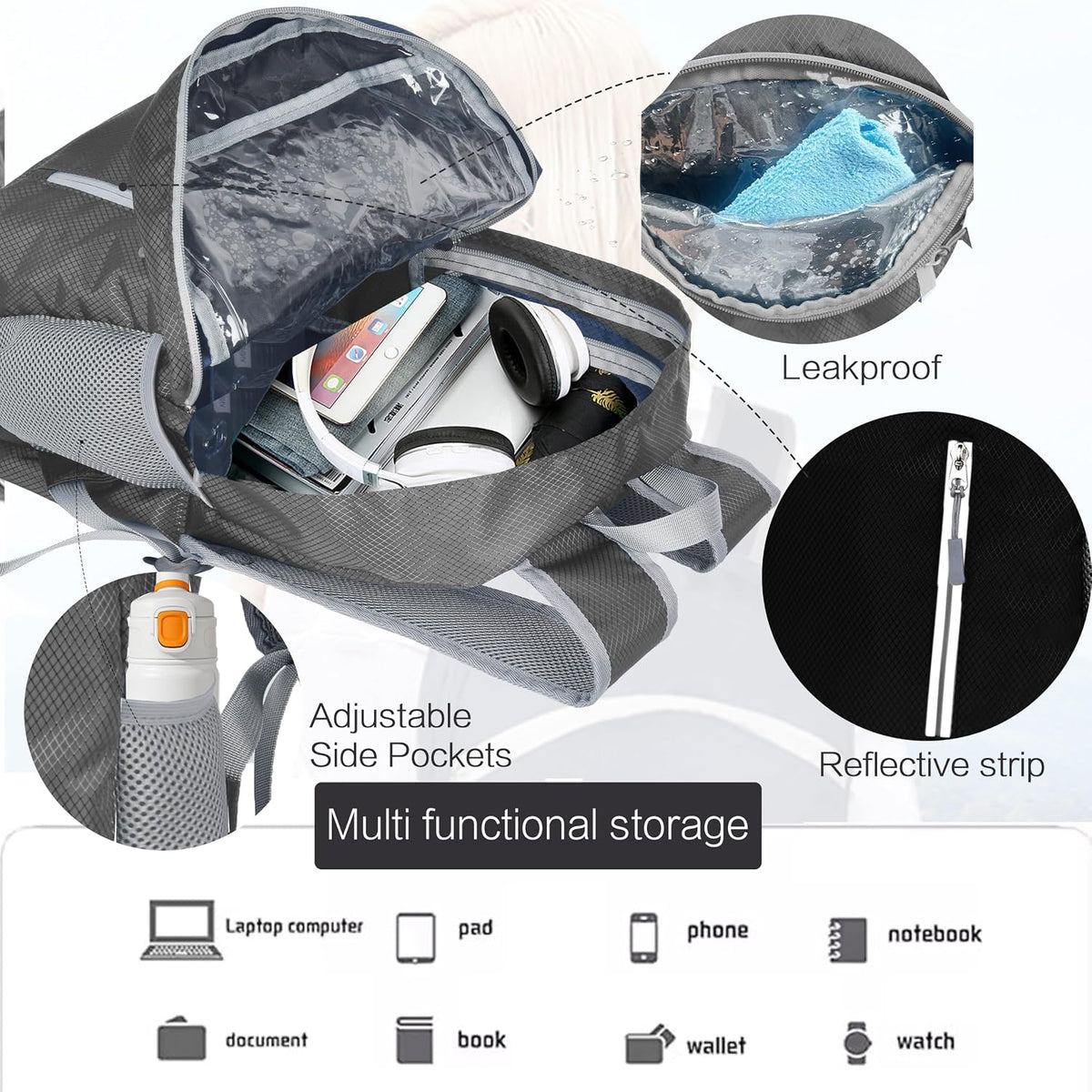 Waterproof Foldable Hiking Backpack, Lightweight Beach Bag Grey