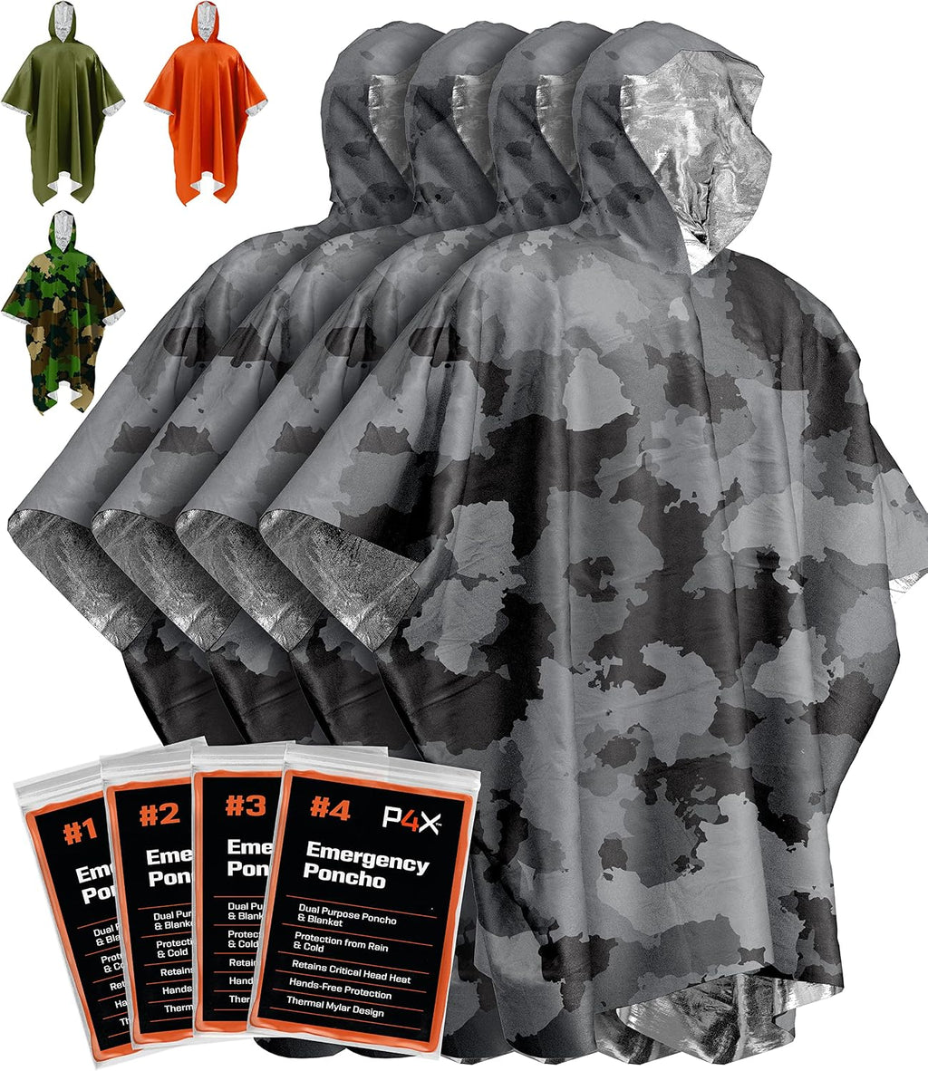 PREPARED4X Emergency Mylar Poncho – Survival Rain Poncho with Hood – Lightweight, Compact, Reusable Emergency Blanket Poncho for Hiking, Camping, Thermal Gear, Car Kit, Outdoors