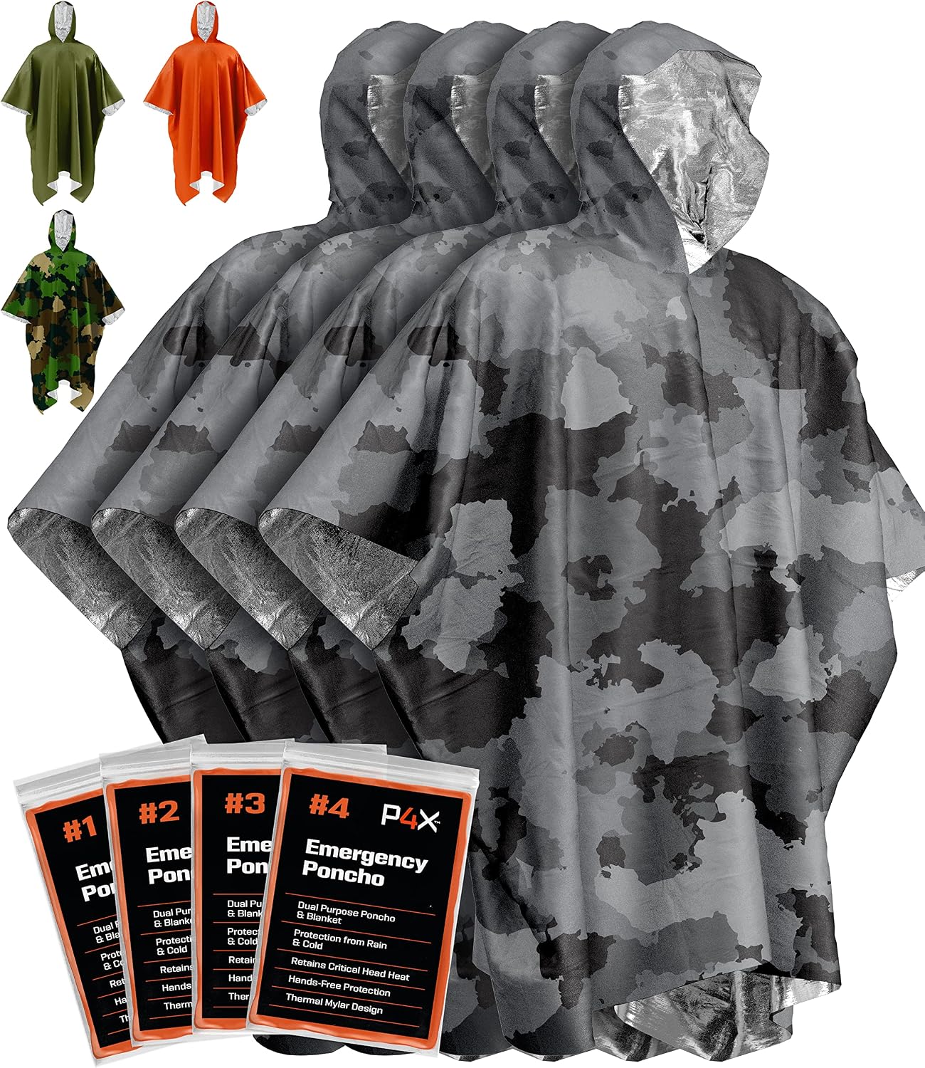 PREPARED4X Emergency Mylar Poncho – Survival Rain Poncho with Hood – Lightweight, Compact, Reusable Emergency Blanket Poncho for Hiking, Camping, Thermal Gear, Car Kit, Outdoors