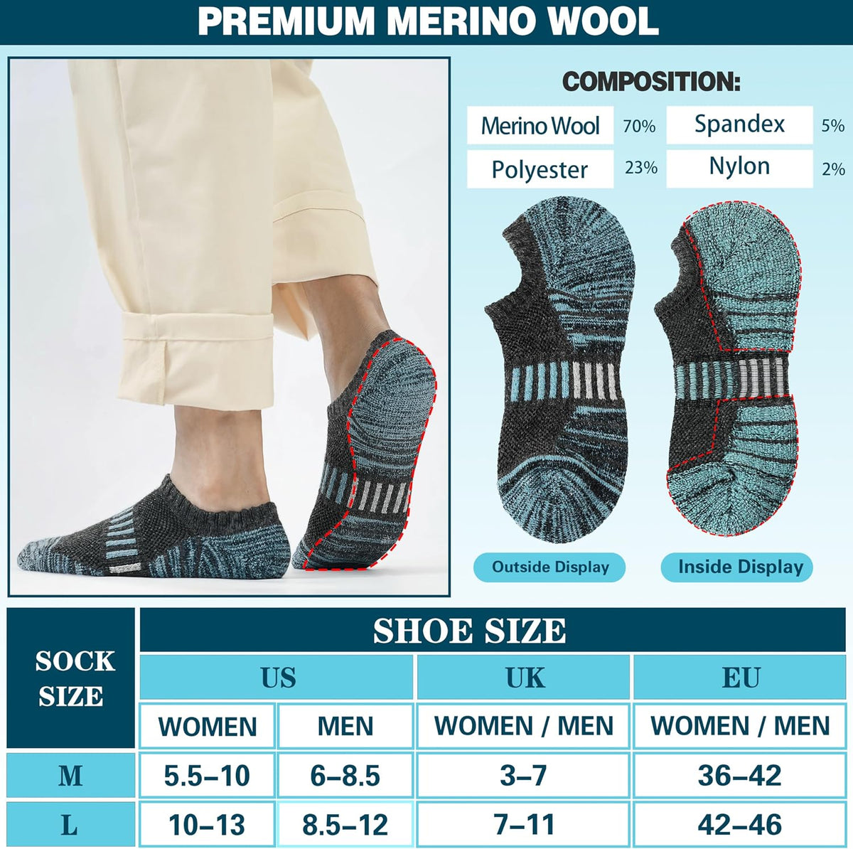 Merino Wool Ankle Athletic Running No Show Socks Cushioned Breathable Sports Warm Thick Socks for Men and Women 6 Pairs