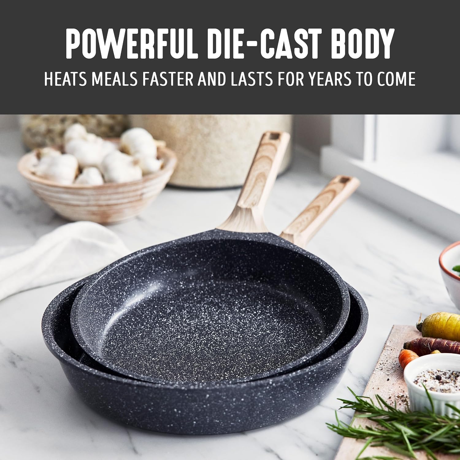 GreenLife Nonstick 2 Piece Frying Pan Set, 9.5" & 11" Skillets Ceramic PFAS-Free Nontoxic, Induction Suitable, Wood Print Handles, Stay-Cool Handles, Deep Cooking Skillets, Egg Pan, Granite Black