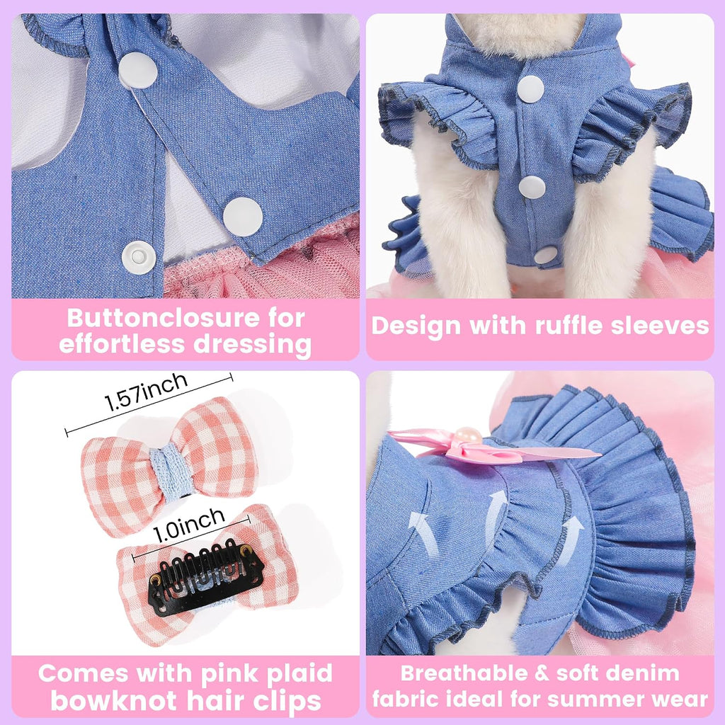 Dog Dress, Fashion Puppy Tutu Princess Dresses for Small Dogs Girl, Sweet Skirt with Dog Bowknot Clips, Spring Dog Cat Clothes Pet Apparel (Denim Princess Dress, XX-Small)