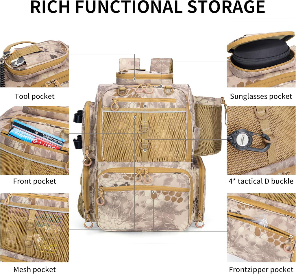 Rabjen Fishing Tackle Backpack with Rod Holders, Bottle Holder, Storage Bag Store Fishing Gear